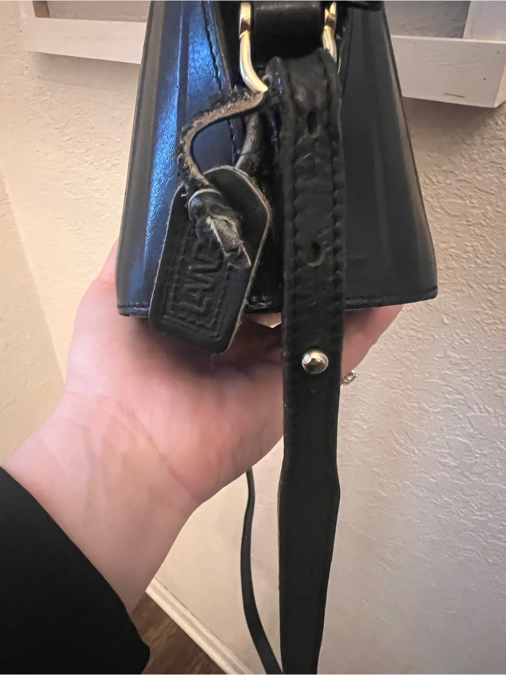 Vintage LAND Genuine Leather Black Crossbody Bag w/ Map Print Lining